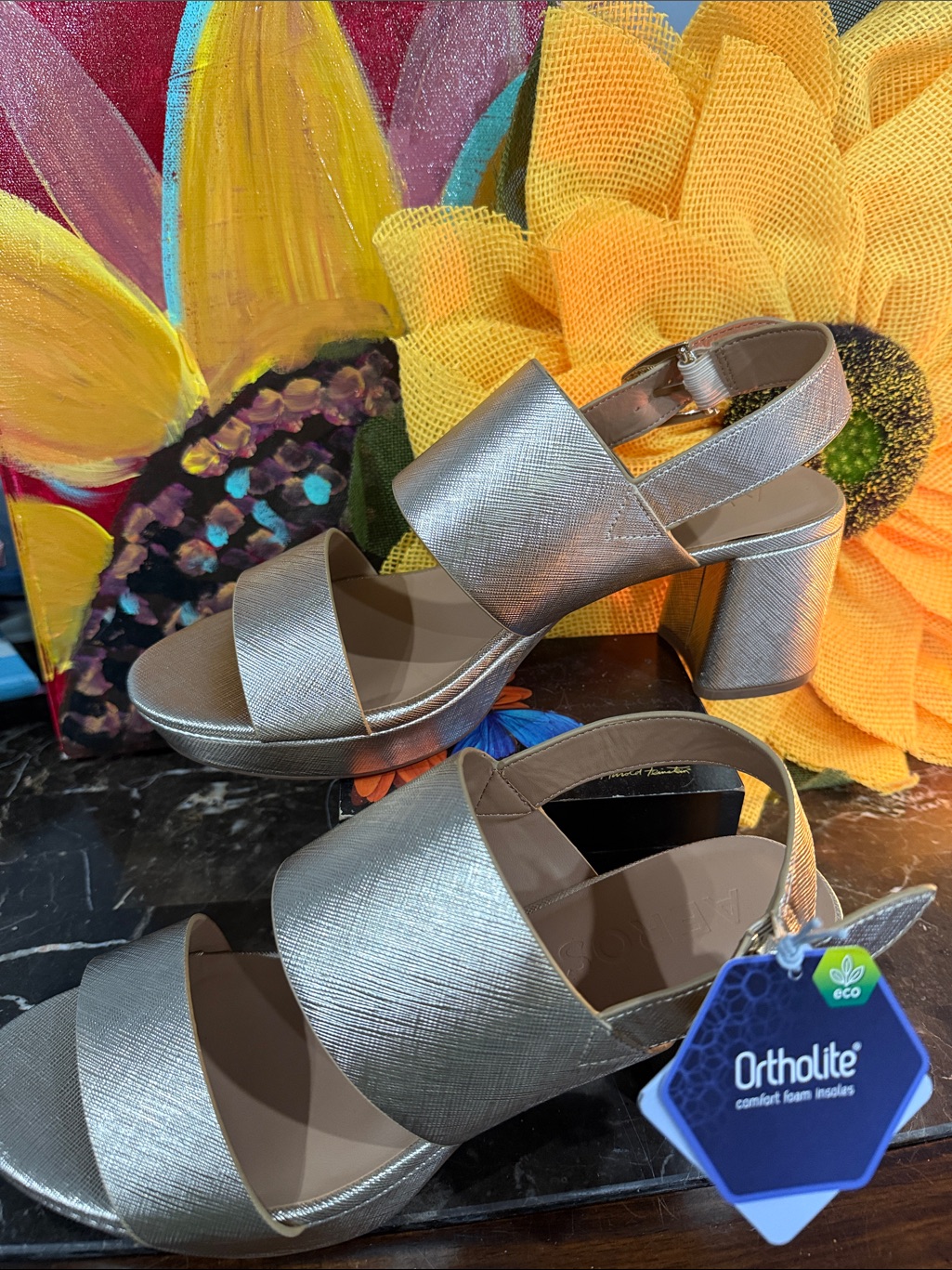 Aerosoles Metallic Silver Block Heel Slingback Sandals